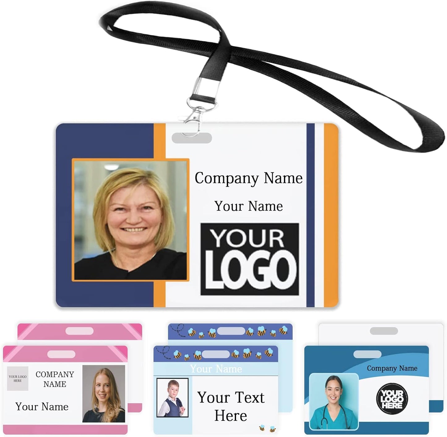 Custom Id Badge, Personalized Employee Photo Identification Card with Lanyard, Durable ID Card for Office Worker Doctor Nurse Student-Horizontal-Template1