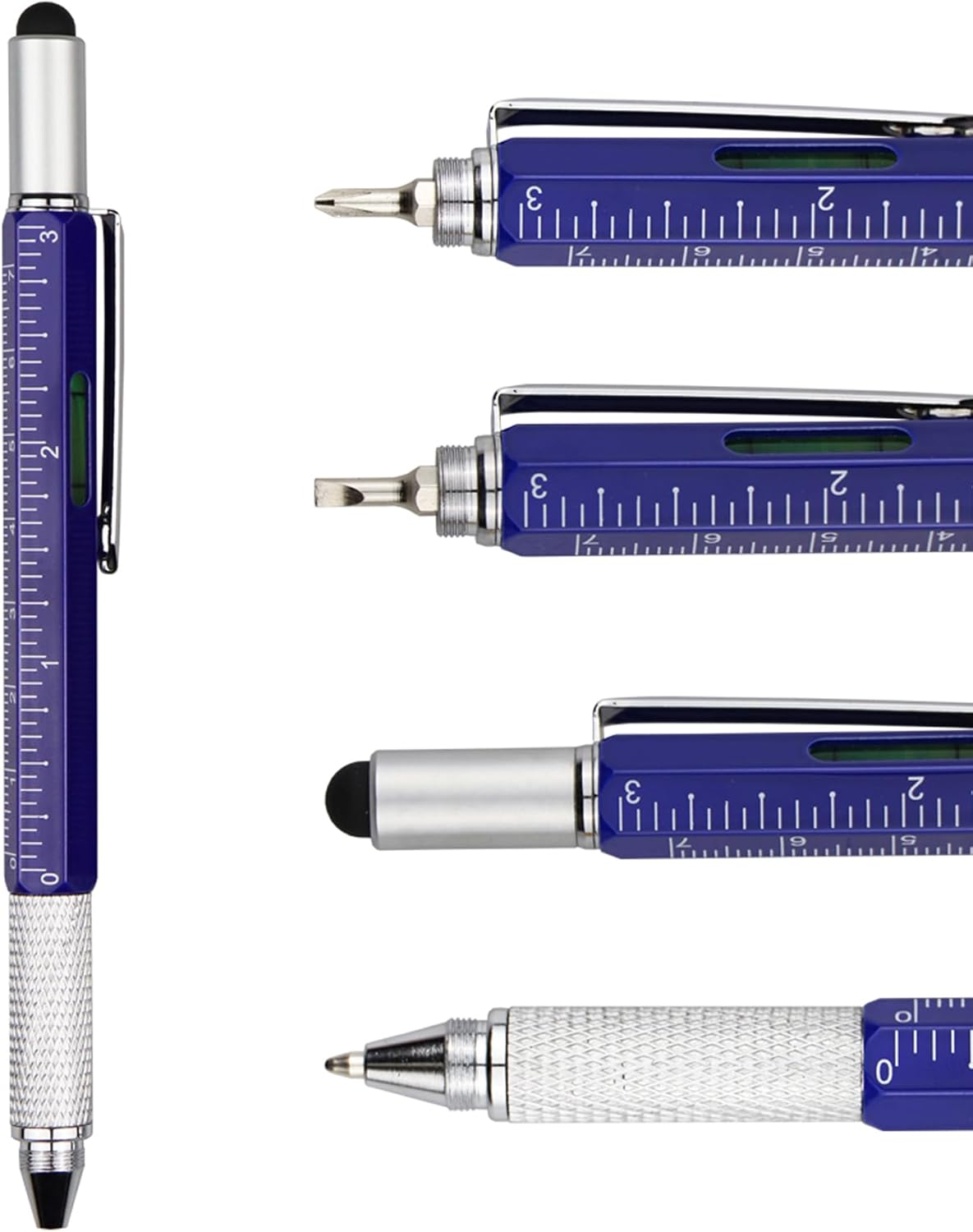 DUNBONG Metal Multi tool Pen 6-in-1 Stylus Pen - With Screwdriver, Ballpoint Pen Black ink, Stylus pen, Level and Ruler, 1-Count (Blue)