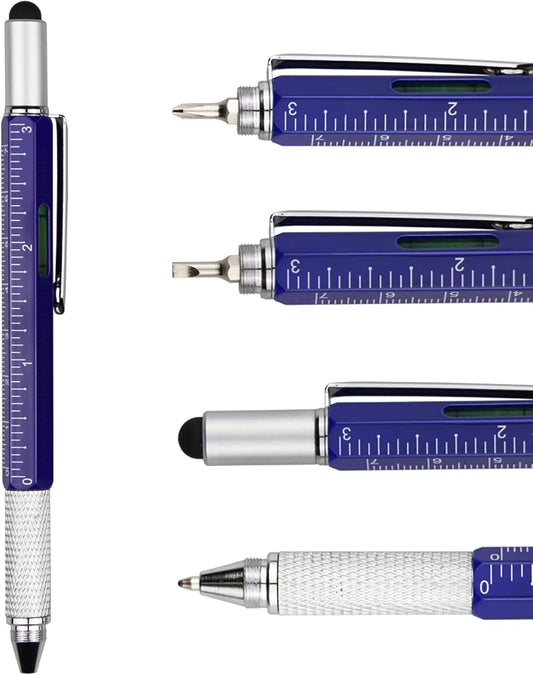 DUNBONG Metal Multi tool Pen 6-in-1 Stylus Pen - With Screwdriver, Ballpoint Pen Black ink, Stylus pen, Level and Ruler, 1-Count (Blue)