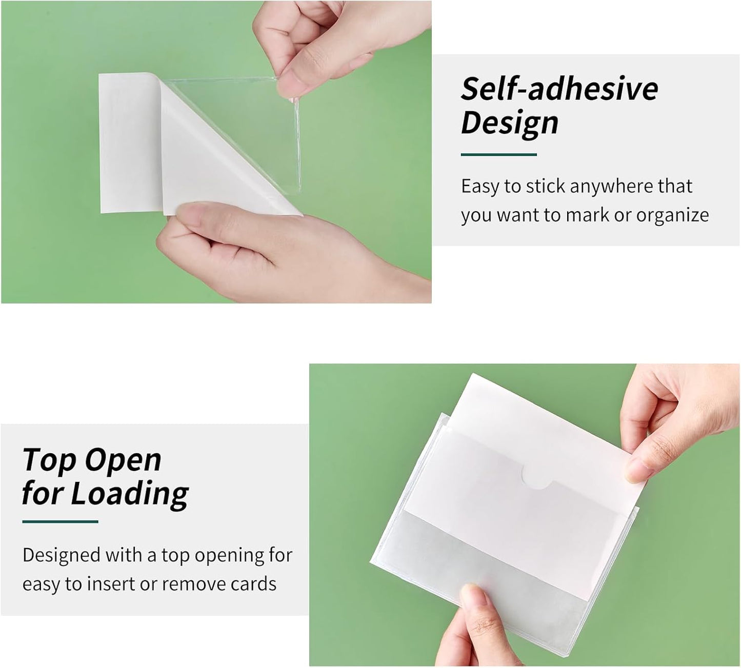 52 Pack Clear Adhesive 3.5" x 2" Index Card Pockets With Top Open, Plastic Card Sleeves Index Card Holder for Organizing Storage Bins, Library Cards, Notes, Drawer