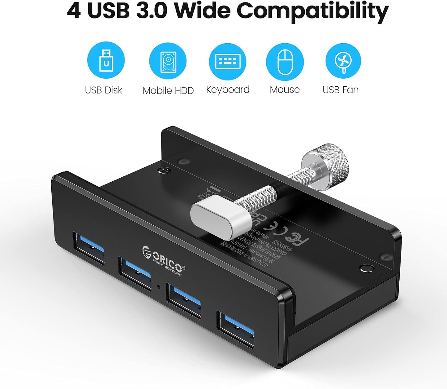 ORICO USB 3.0 Hub, USB Hub Clamp, Aluminum 4-Port USB Splitter with Extra Power Supply Port and 4.92 FT USB Data Cable, Desktop Powered USB Hub for Monitors/Desks-Black (Without Power Adapter)