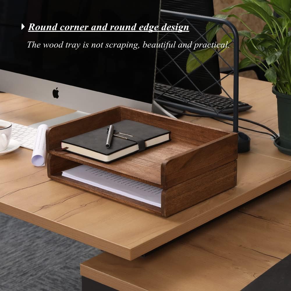 Desktop File Trays Stackable Paper Tray for Letter/A4 Size Magazine - Wood Office Document Organizer Shelf - Wooden Folder Organization Rack Desk Tray Pack of 2 Dark(2CTP-DK)