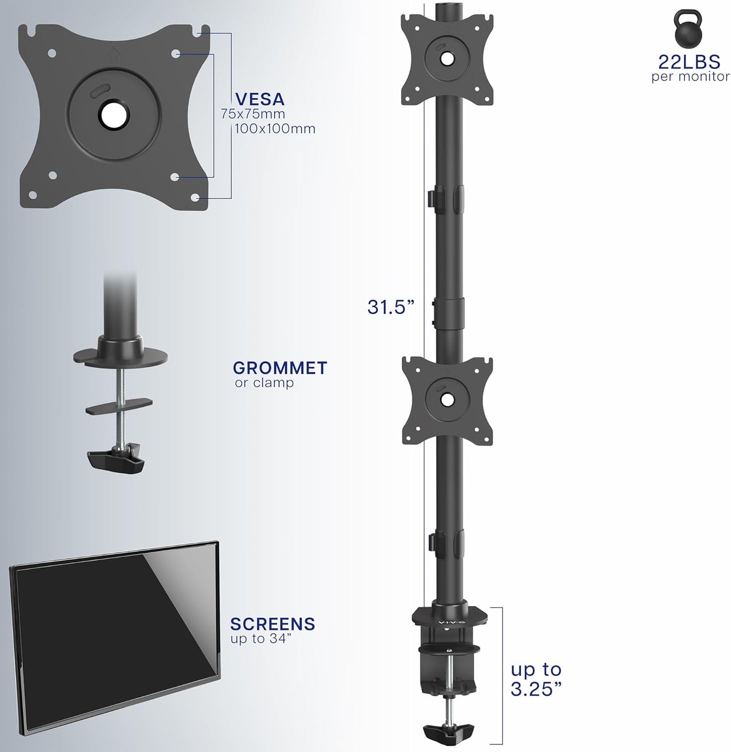 VIVO Dual Monitor Desk Mount Stand with Height Adjustment and VESA Plates for 2 LCD Ultrawide Screens up to 34 inches, Stacked Array, STAND-V002R