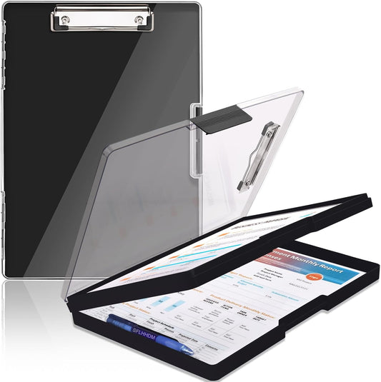 Clipboard with Storage,Heavy Duty Clip Boards 8.5x11 with 2 Storage Case,Clear Visible Top Panel Storage Clipboards,Side Opening Clip Boards,Nursing Clipboard Folder Case for Office Supplies-Black