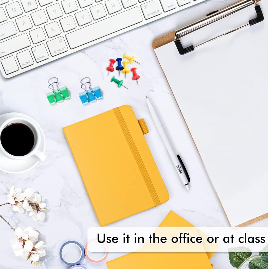 feela 6 Pack Pocket Mini Notebooks Bulk, Small Cute Memo Notepads Hardcover College Ruled Lined Journals with Pen Holder for School Business Work, with 6 Black Pens, 3.5”x 5.5”, A6, Yellow