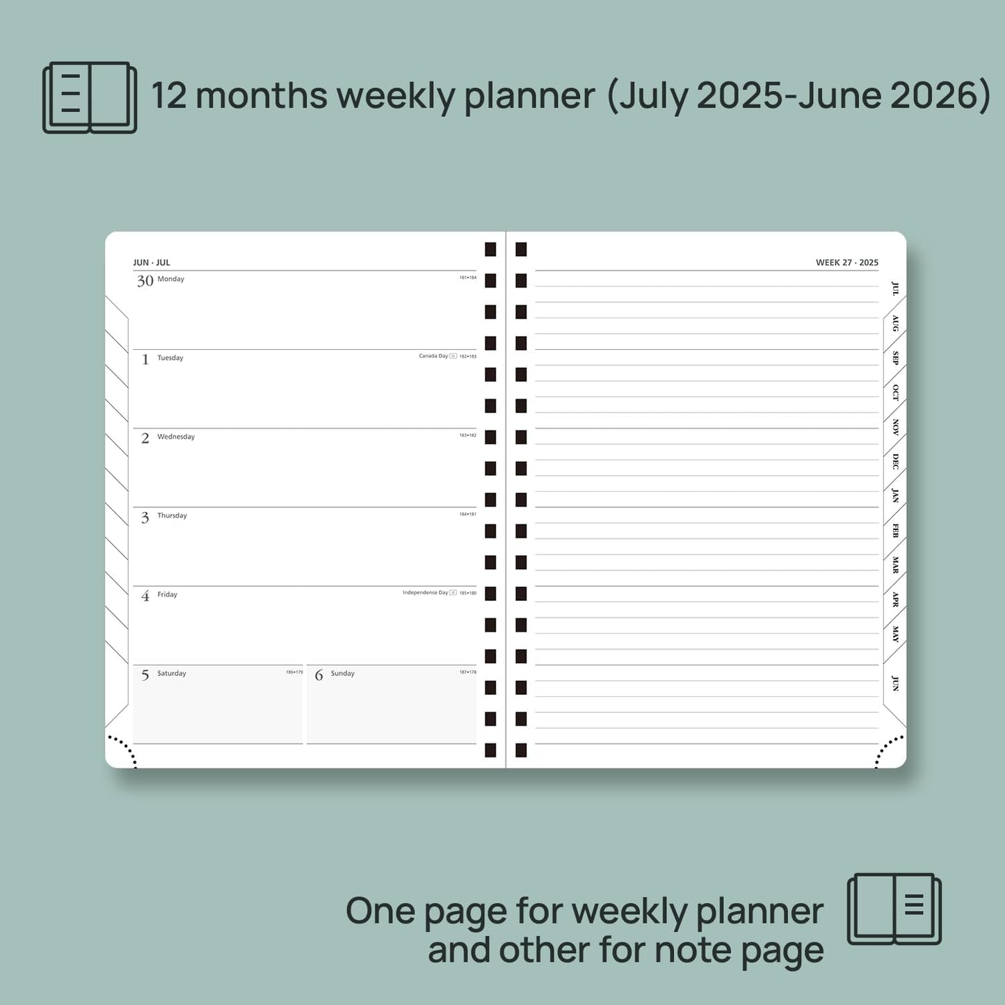 POPRUN Planner 2025-2026 Weekly Notebook (Medium 8.5''x 6.5''), Academic Calendar (JUL.25 - JUN.26) Appointment Book with Monthly Tabs, Spiral Soft Cover, Inner Pocket, 100 GSM - Cerulean Blue