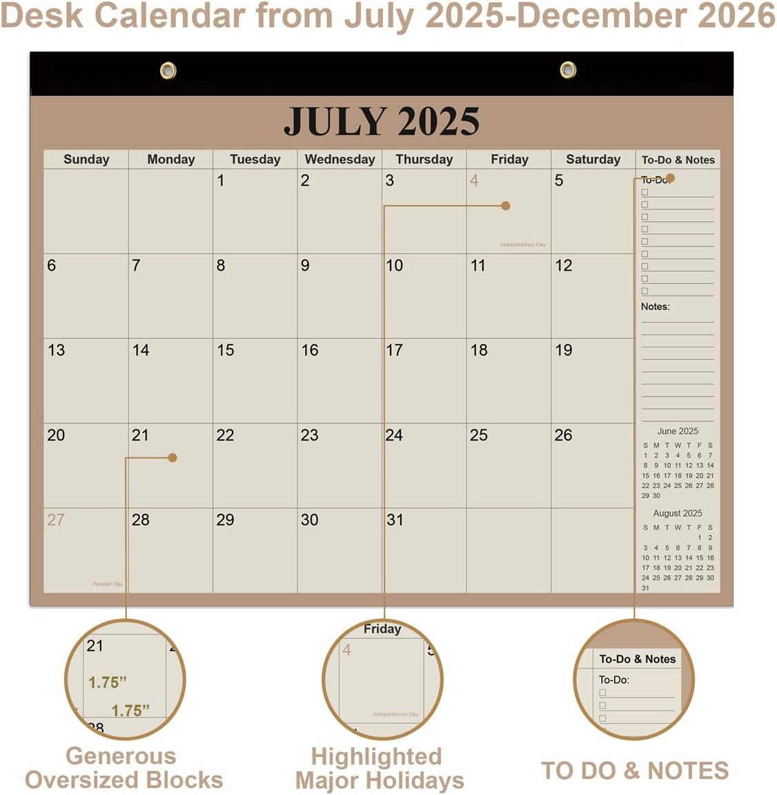 Desk Calendar 2025-2026 - 18 Months Calendar from July 2025 to December 2026, Calendar 2025-2026 with Thick Paper for Office Home School Organizing, 14" X 11", Beige