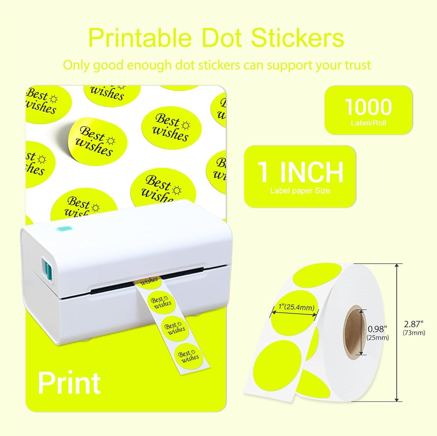 1 Inch Circle Dot Stickers 1000 PCS Color Coding Thermal Labels Dots Writable Printable Small Round Stickers for Office, Classroom, Inventory, Garage, Organizing Storage, Fluorescent Yellow