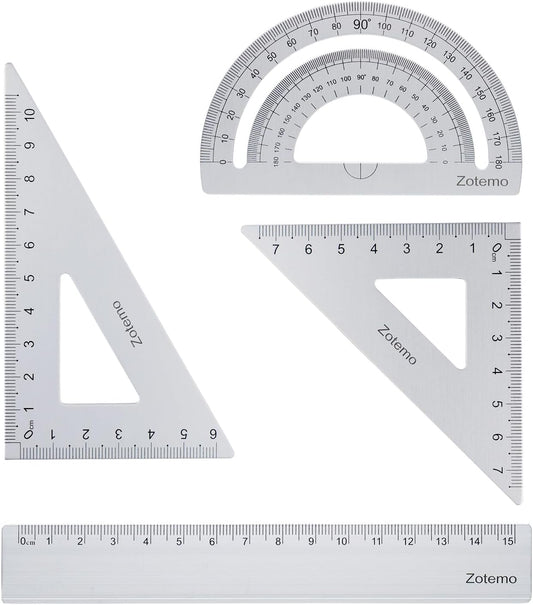 Geometry Ruler Set for Students, Metric Measurement 4-Piece Metal Math Drafting Kit with Non-Slip Design 15 cm Straightedge Ruler, 180° Protractor & 2 Triangles for School Kids (Silver)