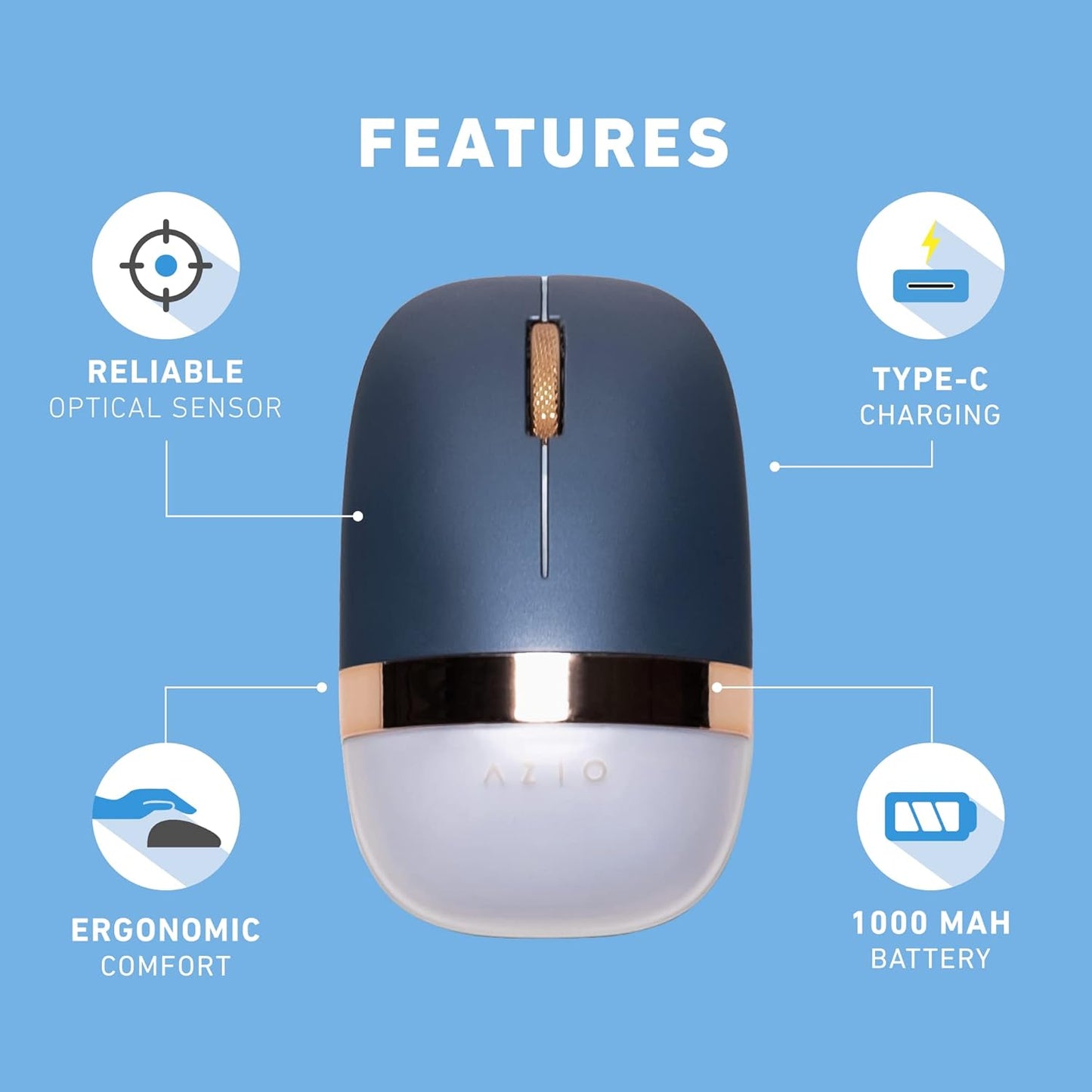 Azio IZO Wireless Optical Mouse - Bluetooth 3.0 & 5.0/2.4G RF-USB, Ambidextrous Design, PixArt PAW3212 Sensor, 1000/1600/2400 DPI, Rechargeable, PC & Mac