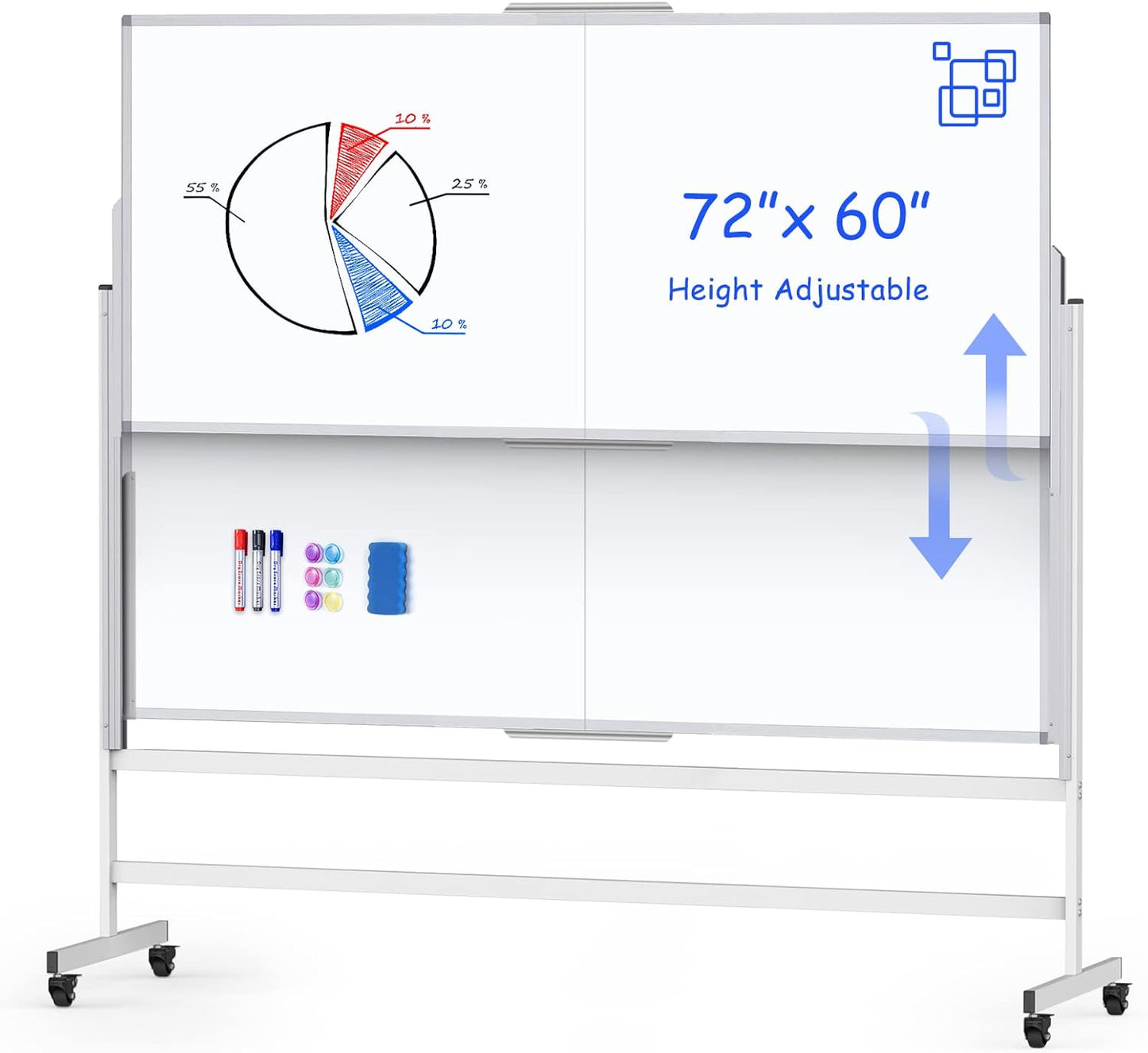 Dry Erase Whiteboard Height Adjustable, 72x60 inches Large Standing Easel White Board on Wheels, Mobile Magnetic Rolling White Board for Office Home Classroom, School Supplies for Teaching