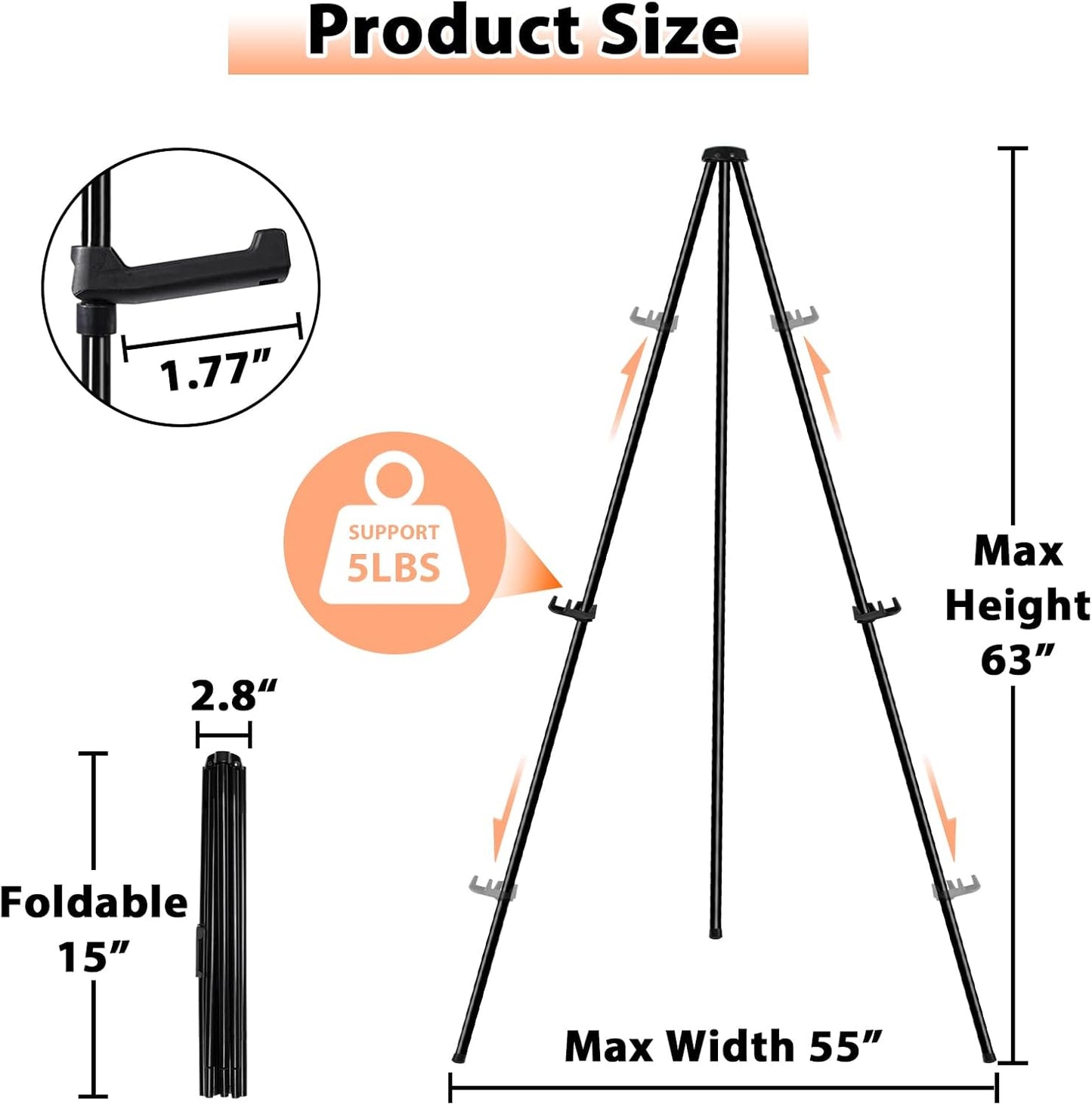 Easel Stand for Display Wedding Sign - 63" Foldable Easel Portable Artist Floor Easel - Easy Folding Telescopic Adjustable Art Poster Metal Stand (2 Pack)