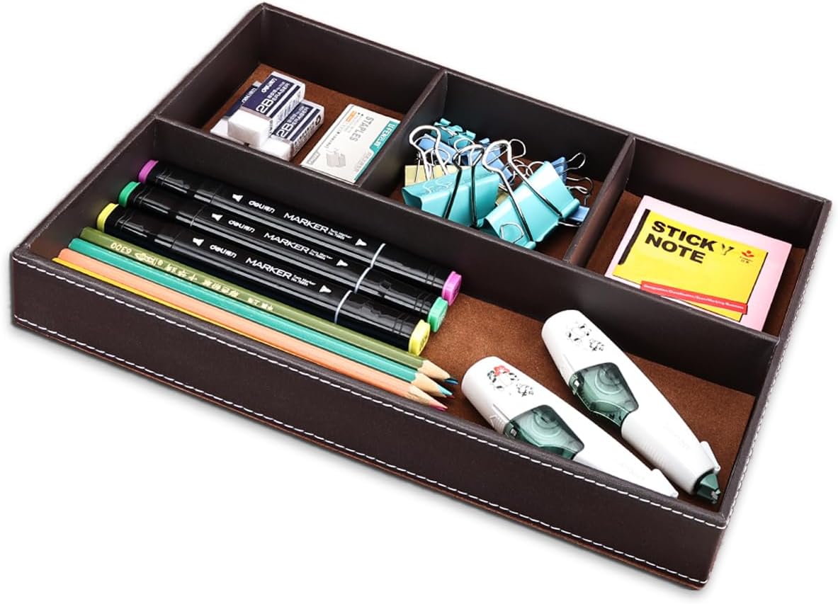 KINGFOM Pu Leather Desk Organizer Tray, 4 Compartment Office Storage Supplies Stationery Drawer Tray, Nightstand Bedside Tray for Key, Wallet, Watch, Coin, Phone Valet Tray Stackable