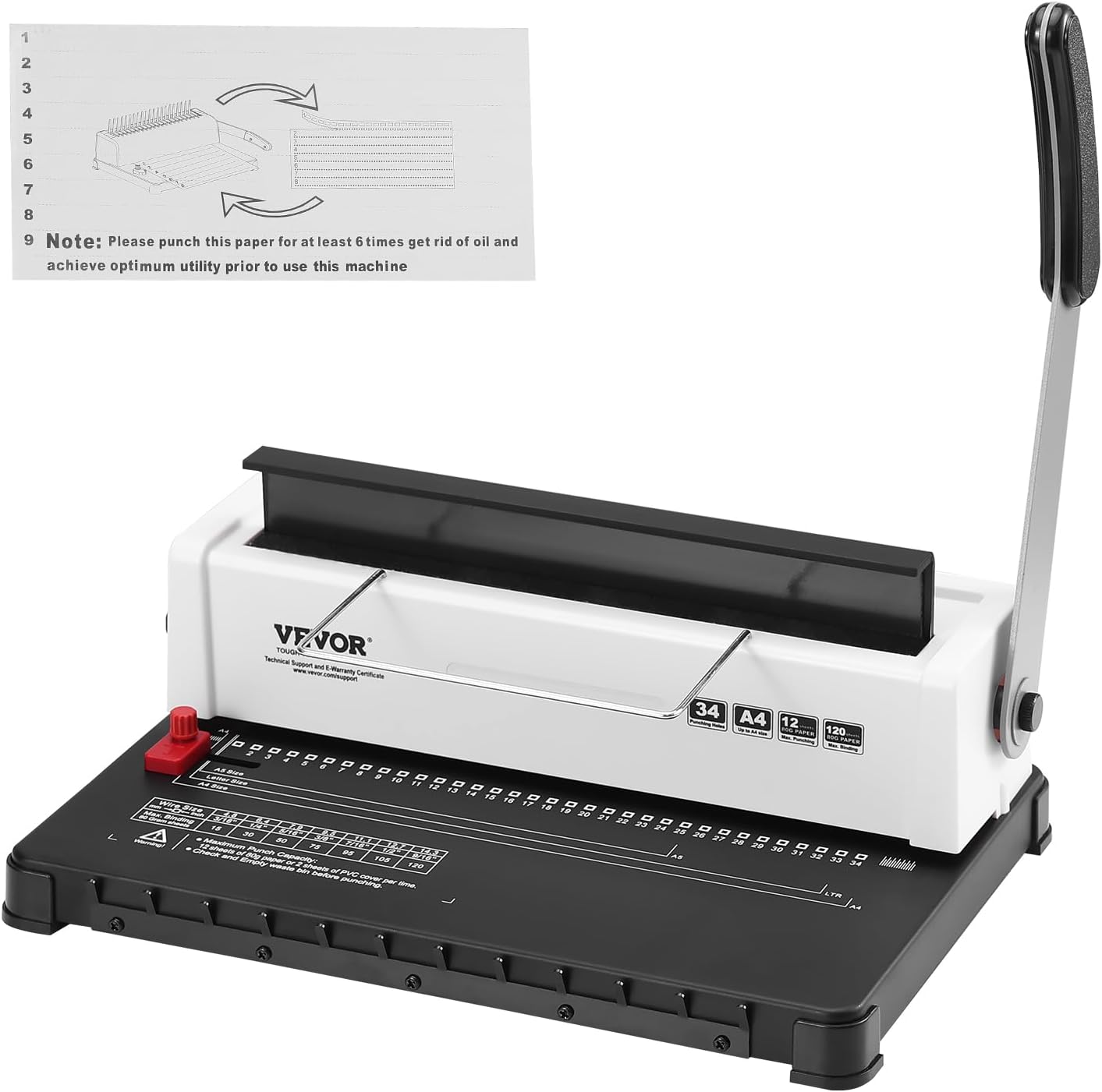 VEVOR Coil Spiral Binding Machine, Manual Book Maker 34-Holes Binding 120 Sheets, Punch Binder Adjustable 3/16" - 9/16" Coil Binding Spines, for Letter Size, A4, A5