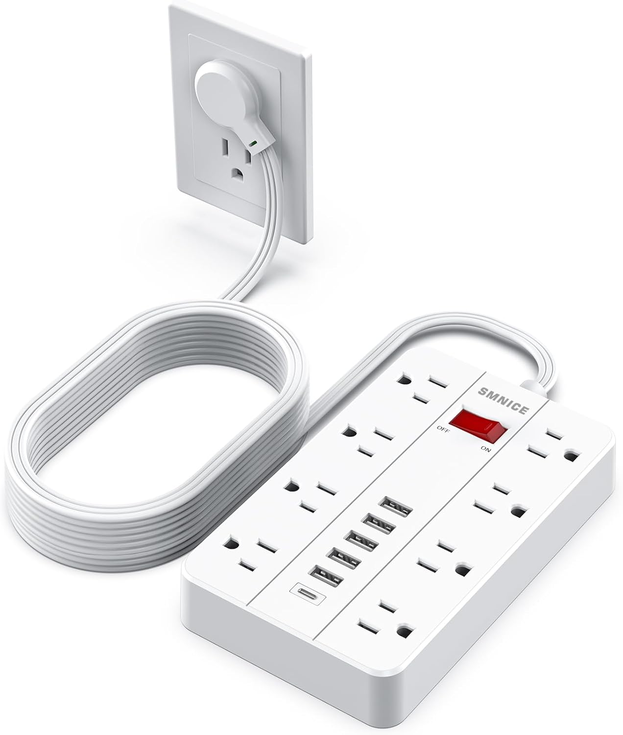 Flat Plug Extension Cord 15 Ft, SMNICE Surge Protector Power Strip with 8 Widely Spaced Outlets and 6 USB(1USB C) Ports, Wall Mount Long Charging Station for Dorm Home, Office Accessories, White