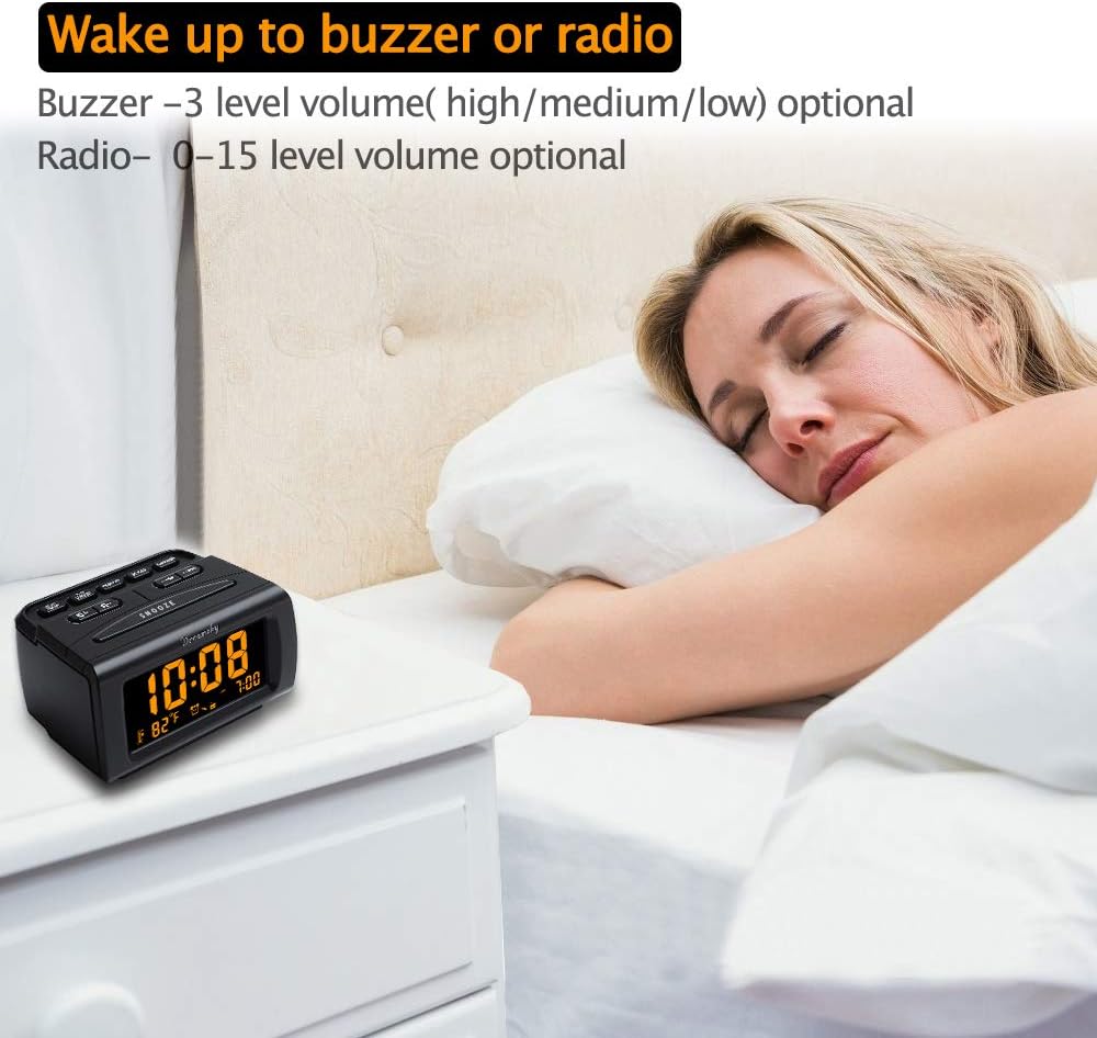 DreamSky Alarm Clock Radios for Bedrooms with Battery Backup, Large Big Numbers with Brightness Dimmer, USB Port, Bedside Digital FM Radio with Sleep Timer, Temperature, Adjustable Volume, Snooze