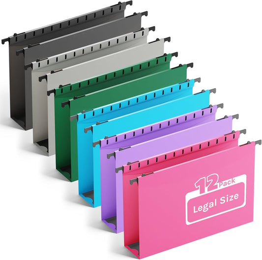 Extra Capacity Legal Size Plastic Hanging File Folders,12 Pack Reinforced Legal Hanging Folder with Heavy Duty 2 Inch Expansion,Filing Cabinet Folder,for Bulky Files, Medical Charts,Assorted Color
