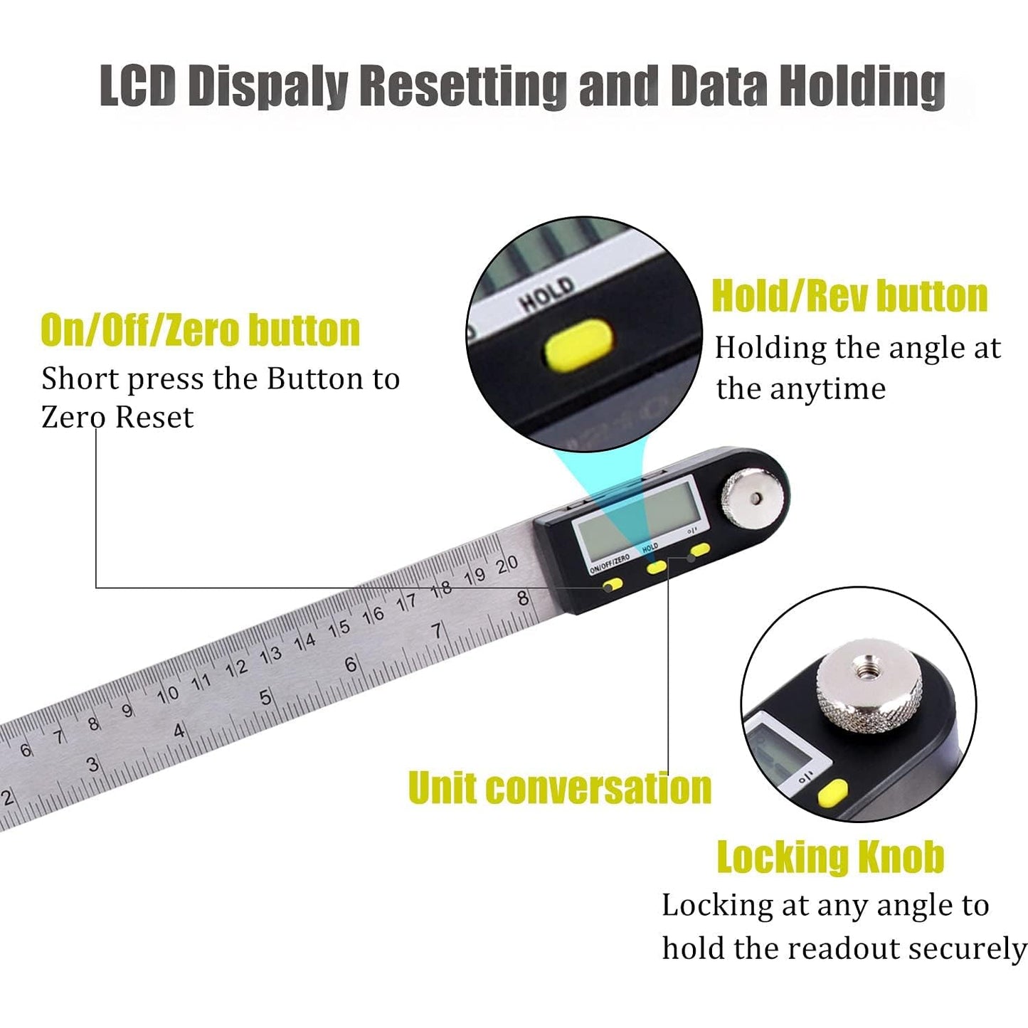 Delgada 8 inch/200mm Digital Angle Finder Ruler - Stainless Steel Protractor for Woodworking and Construction - Battery Included