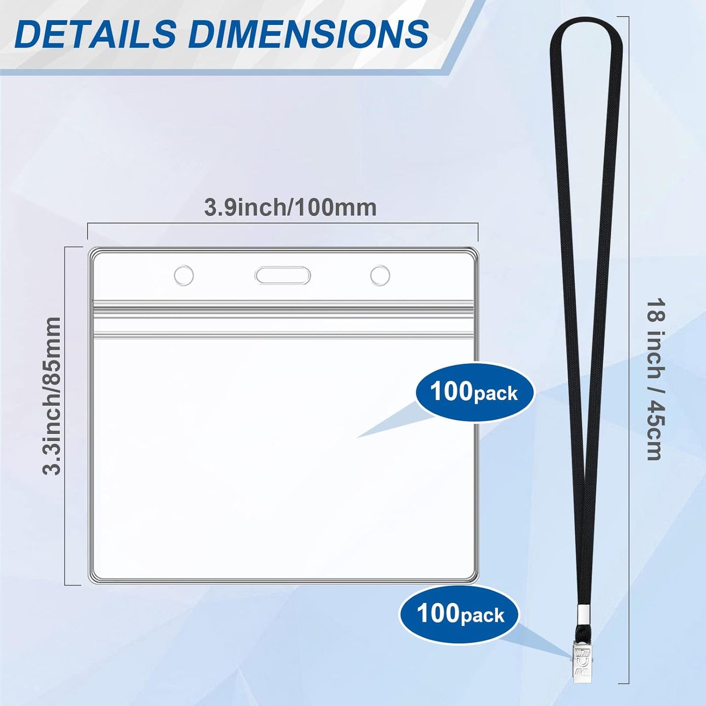 100Pcs Lanyards for Id Badges and 100 Pcs Clear Plastic Horizontal Name Badge ID Card Holders, Flat Neck Lanyards with Clip Waterproof Resealable Name Tag Badge ID Card Holders, Black