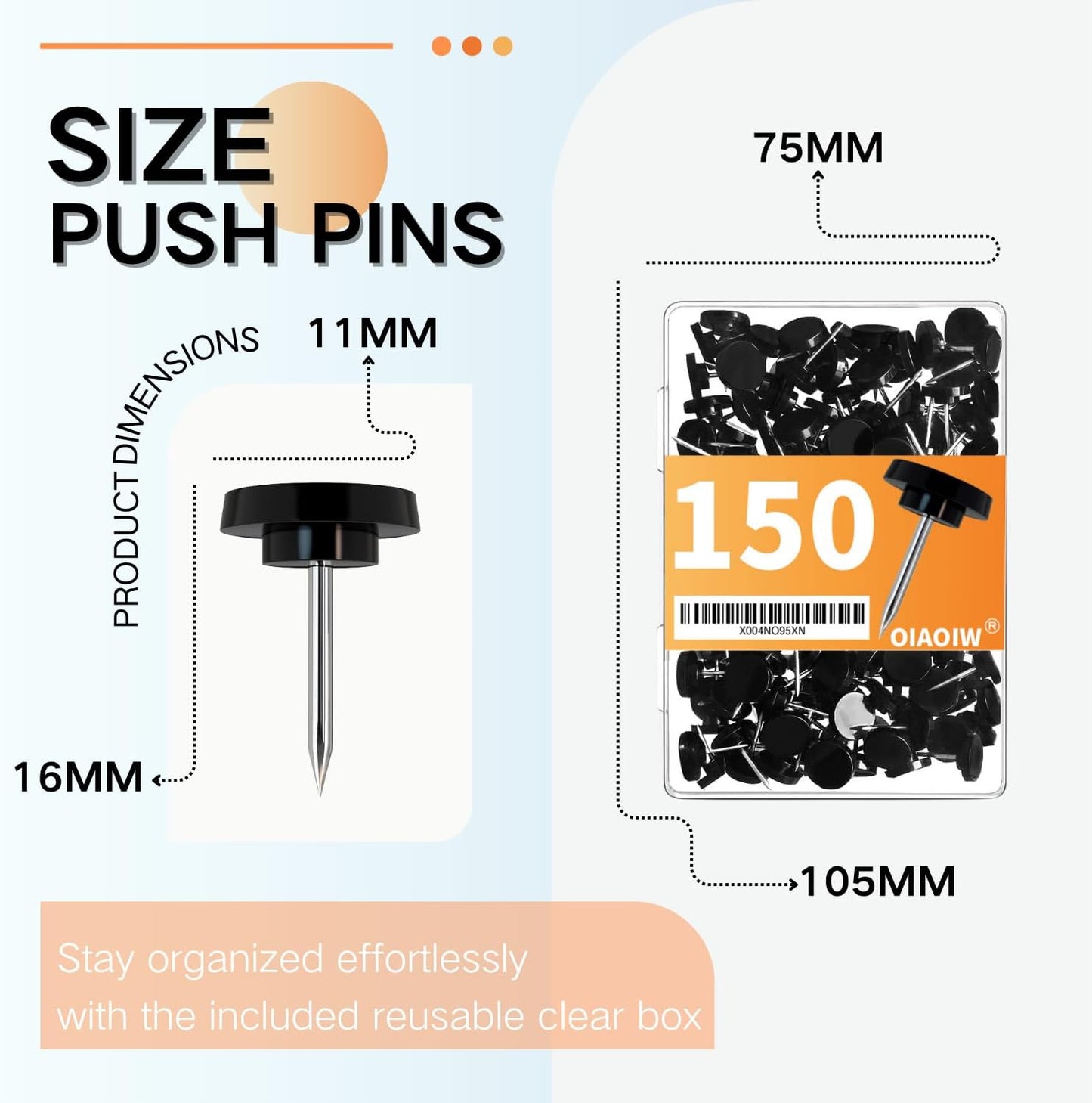 150 PCS Black Flat Push Pins for Wall Thumb Tacks for Walls Flat thumbtacks Push pin for Bulletin Board Shadow Box Display Thumbtack for Cork Board