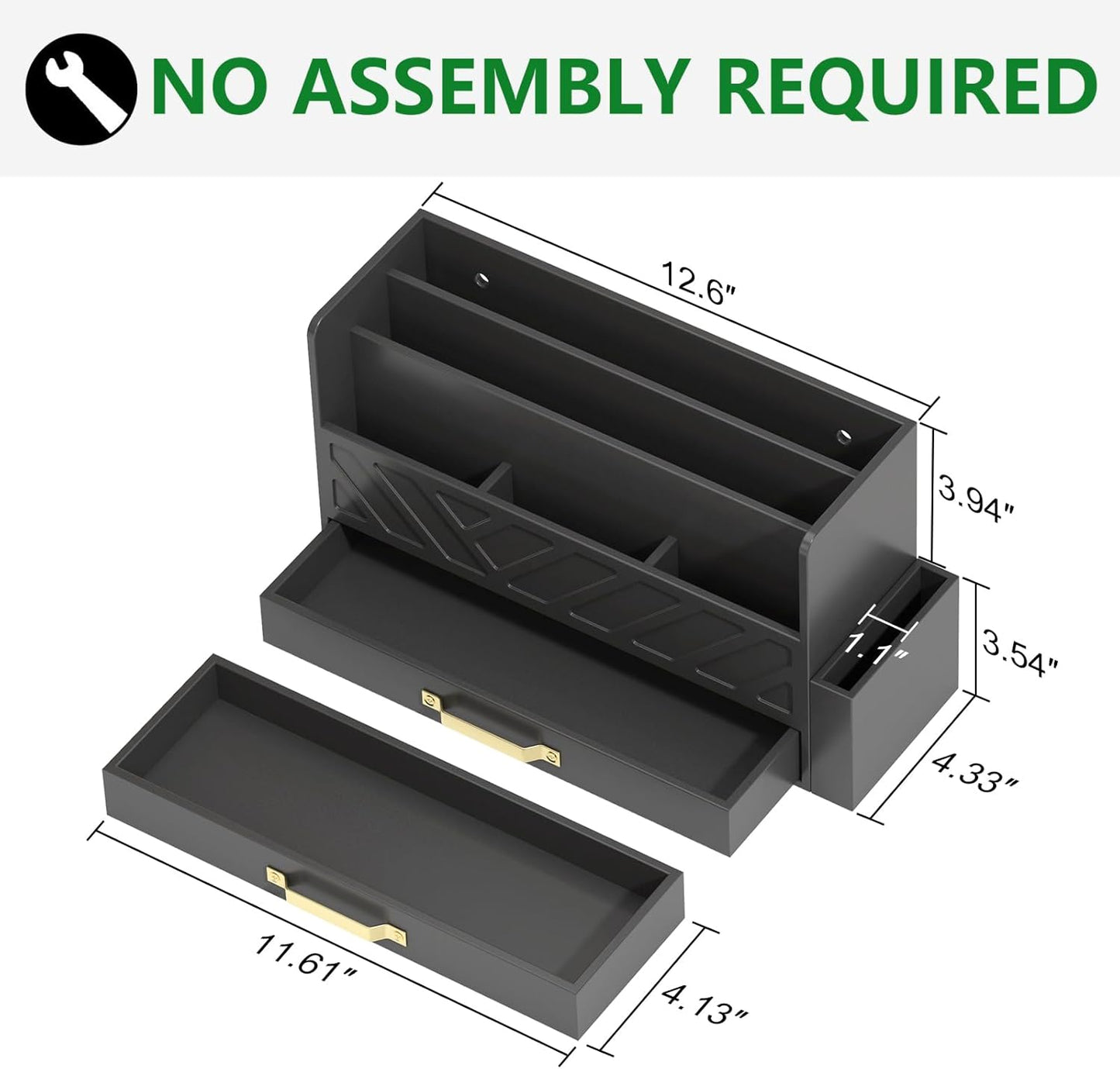 Bamboo Desk Organizer Mail Holder Countertop Wood Desk Drawer Tabletop Storage Box Pen Holder Letter Sorter Makeup Organizer for School Home Office Supplies with Pen Holder Black