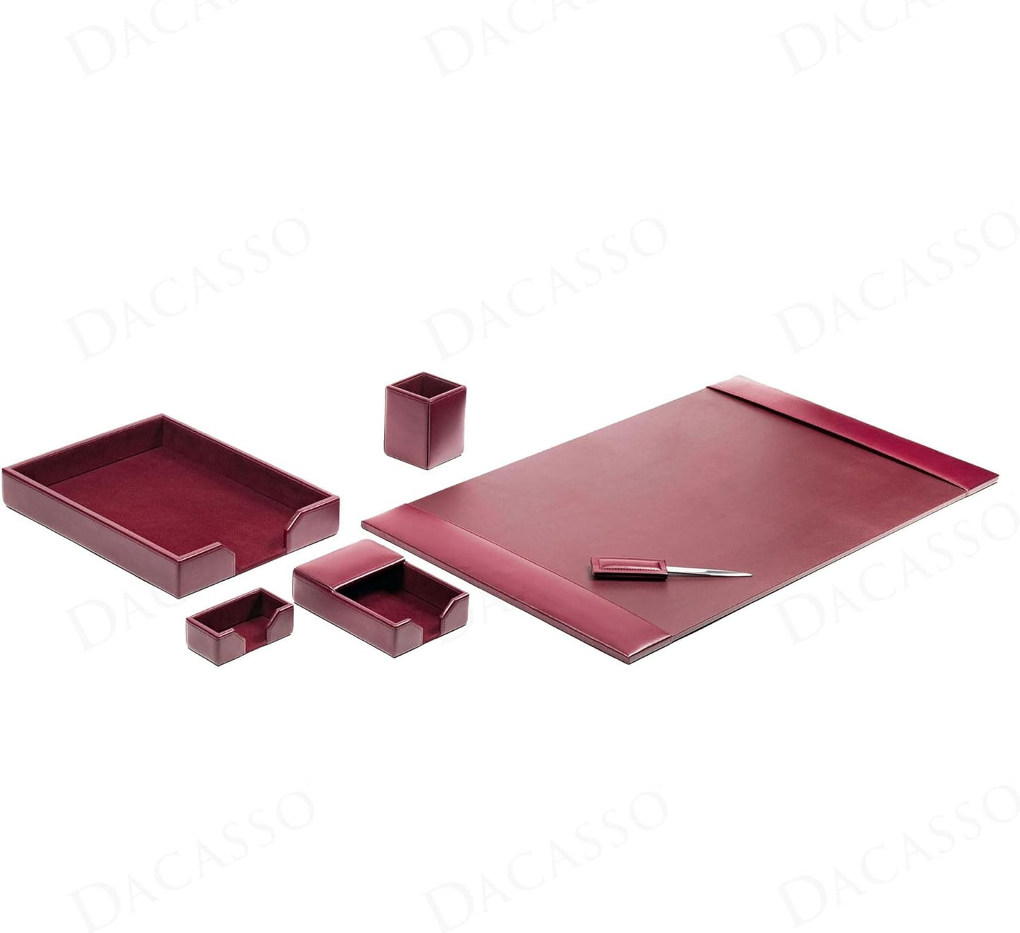 Dacasso Burgundy Bonded Leather Luxury 6-Piece Desk Accessory Set - Blotter Pad & Desk Organization Essentials - Executive Decor and Surface Protector