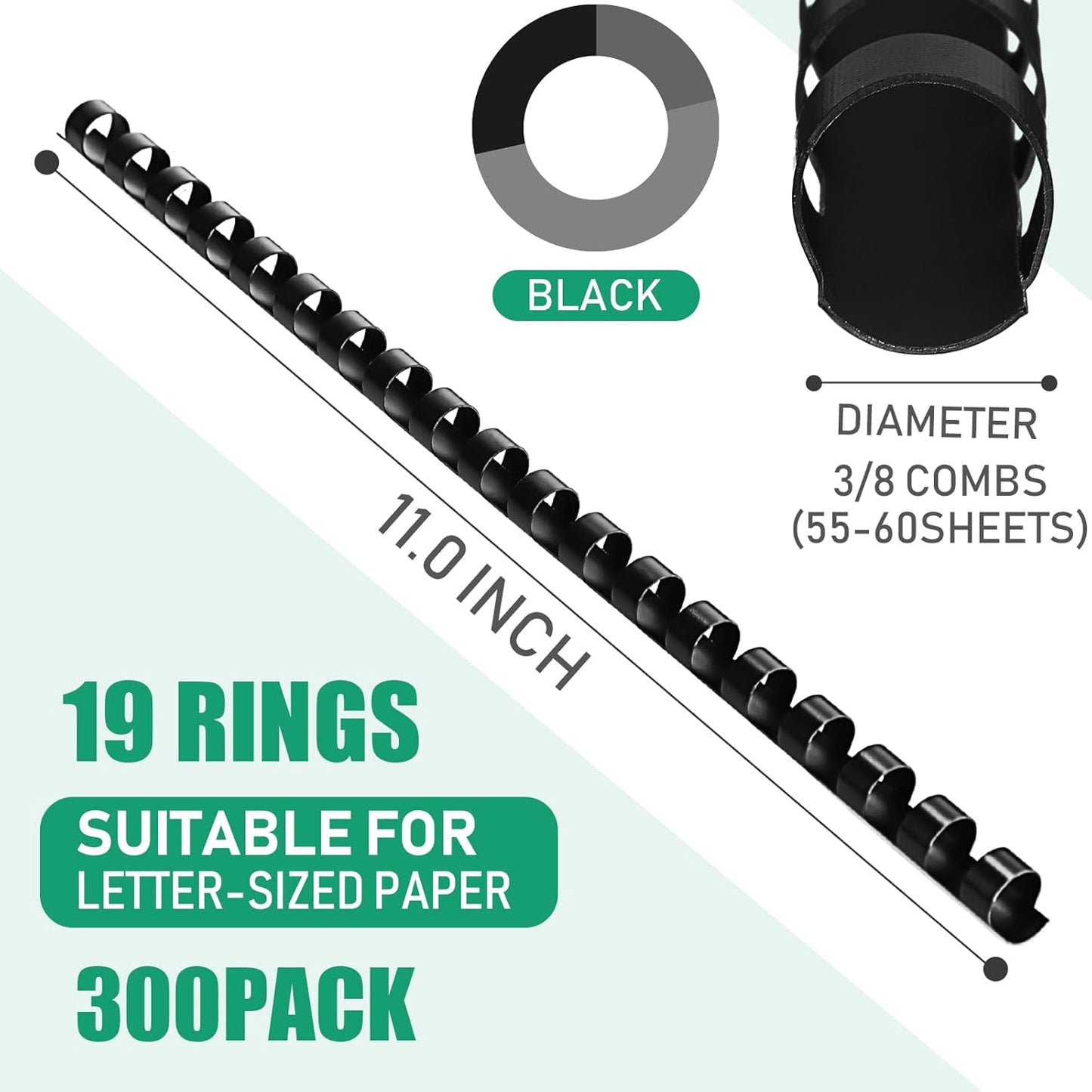 Maitys 300 Pcs Plastic Binding Combs Bulk 19 Ring Comb Spines Letter Size Spiral Binding for Notebook Calendar Picture(3/8 Inch,Black)