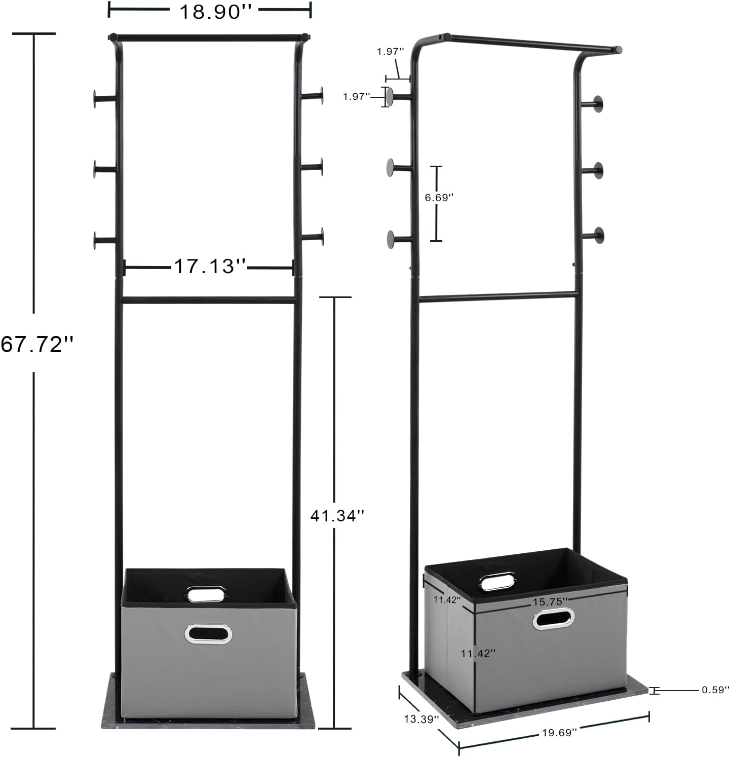 Heavy Duty Coat Rack with Storage Basket Metal Hanging Clothes Rack with Marble Base Modern Standing Clothing Rack for Entryway Bedroom Living Room Hotel 19.69 x 13.39 x 67.72 Inches (Black)