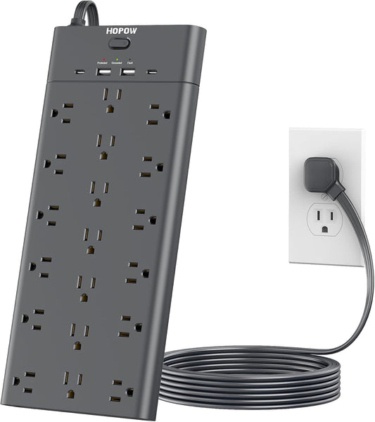 Flat Plug Power Strip, Surge Protector with 19 Outlets and 4 USB Ports, HOPOW 6 Ft Heavy Duty Extension Cord, 1875W, 2100J Surge Protection, Wall Mount for Home, Office, Gaming Room, Dorm, Black