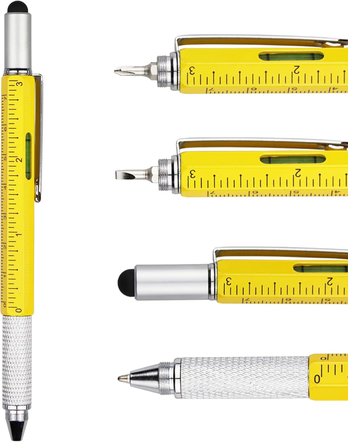 DUNBONG Metal Multi tool Pen 6-in-1 Stylus Pen - With Screwdriver, Ballpoint Pen Black ink, Stylus pen, Level and Ruler, 1-Count (Yellow)
