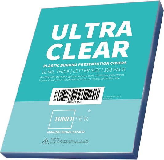 Binditek 100 Pack 10 Mil Binding Presentation Covers, Ultra Clear Report Binding Covers, 8-1/2 x 11 Inches, Letter Size, Square Corners, Un-Punched, for Students and Coworkers
