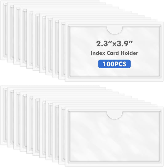 Circloophs 100 Packs Self Adhesive Index Card Pockets for 2”x 3.5” Card, Adhesive Label Holders with Top Open – 2.3”x 3.9” Clear Adhesive Label Pockets for Storage Bins, Locker, Library, Office, Home