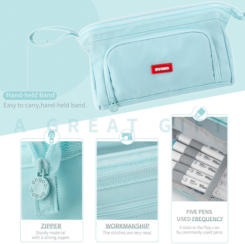 HVOMO Stationery Set,1 large-capacity pencil case,5 quick-drying pens,50 waterproof stickers,2 sticky note pads(200 sheets),1 set of 10-color index labels (200 sheets),Student stationery gift (Blue)