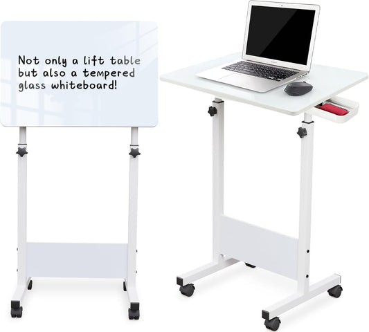 KOUPA Adjustable Height Standing Desk, Writable Tempered Glass Desktop with Eraser, 360° Flip, Wheels – Ideal for Small Spaces and Home Offices, 24 in, White(Adjustable Height: 32-47 in)