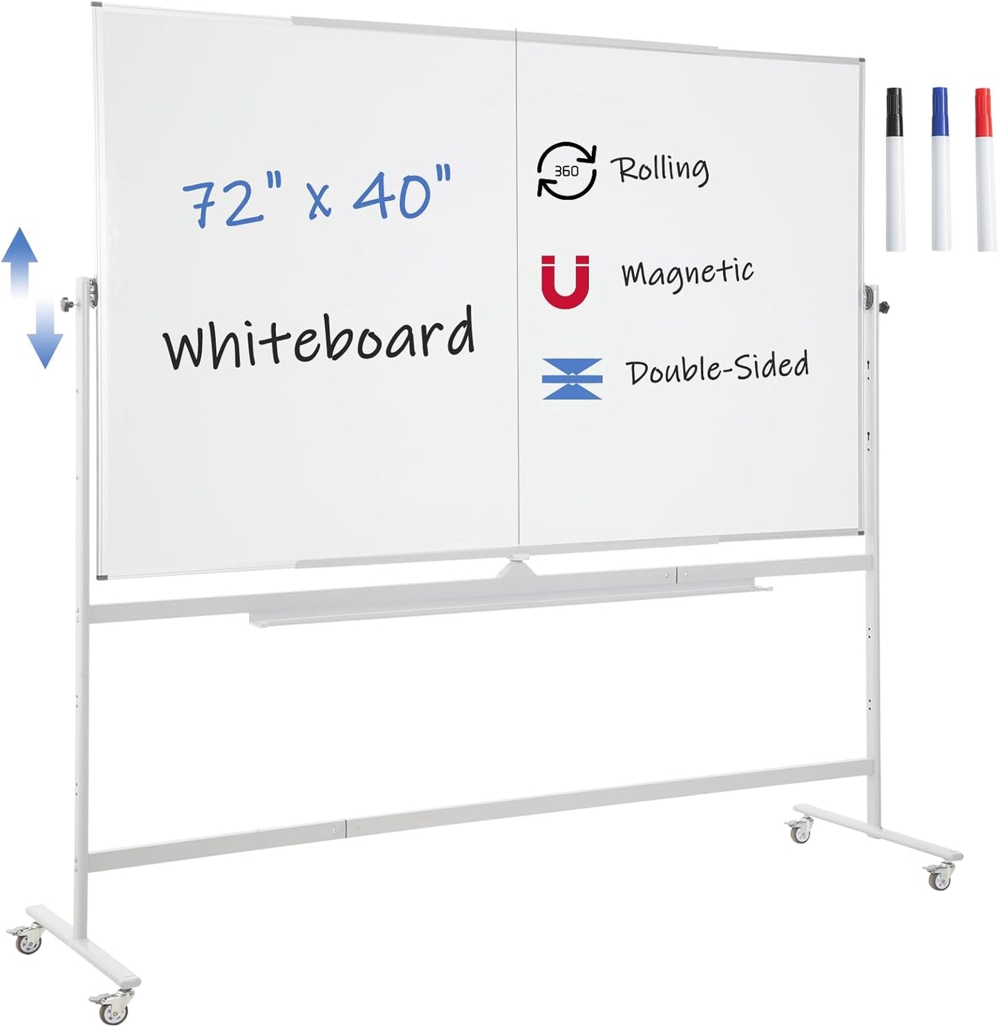 FORTUNO Large Magnetic Mobile Whiteboard 72"x40", Rolling Double Sided Stand Whiteboard on Wheels, Reversible Adjustable Height/Angle Dry Erase Board Easel White Board for Office Classroom