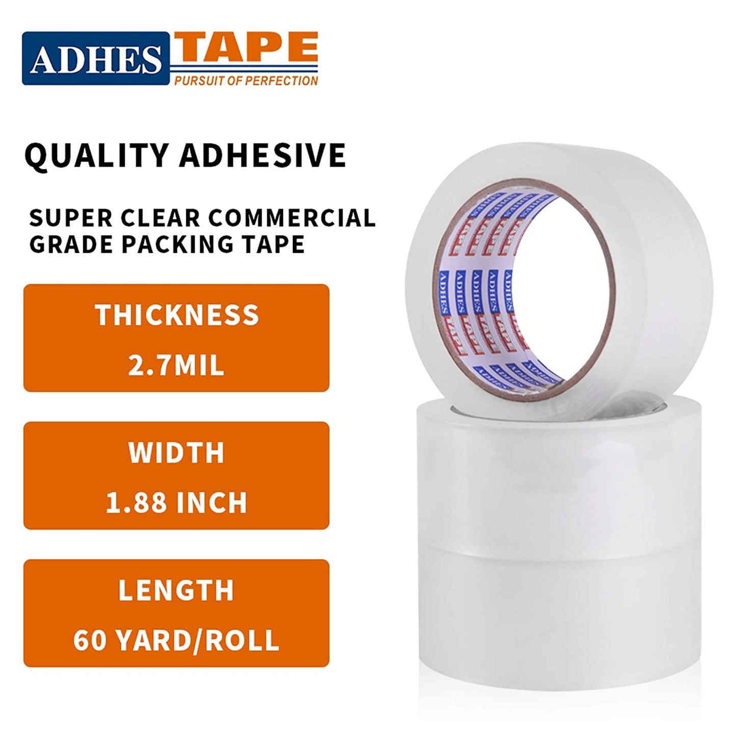 ADHES Shipping Tape Packaging Tape Packing Tape for Moving Boxes Heavy Duty Clear, 55M Per Roll 1.88 Inch Width,2.7Mil