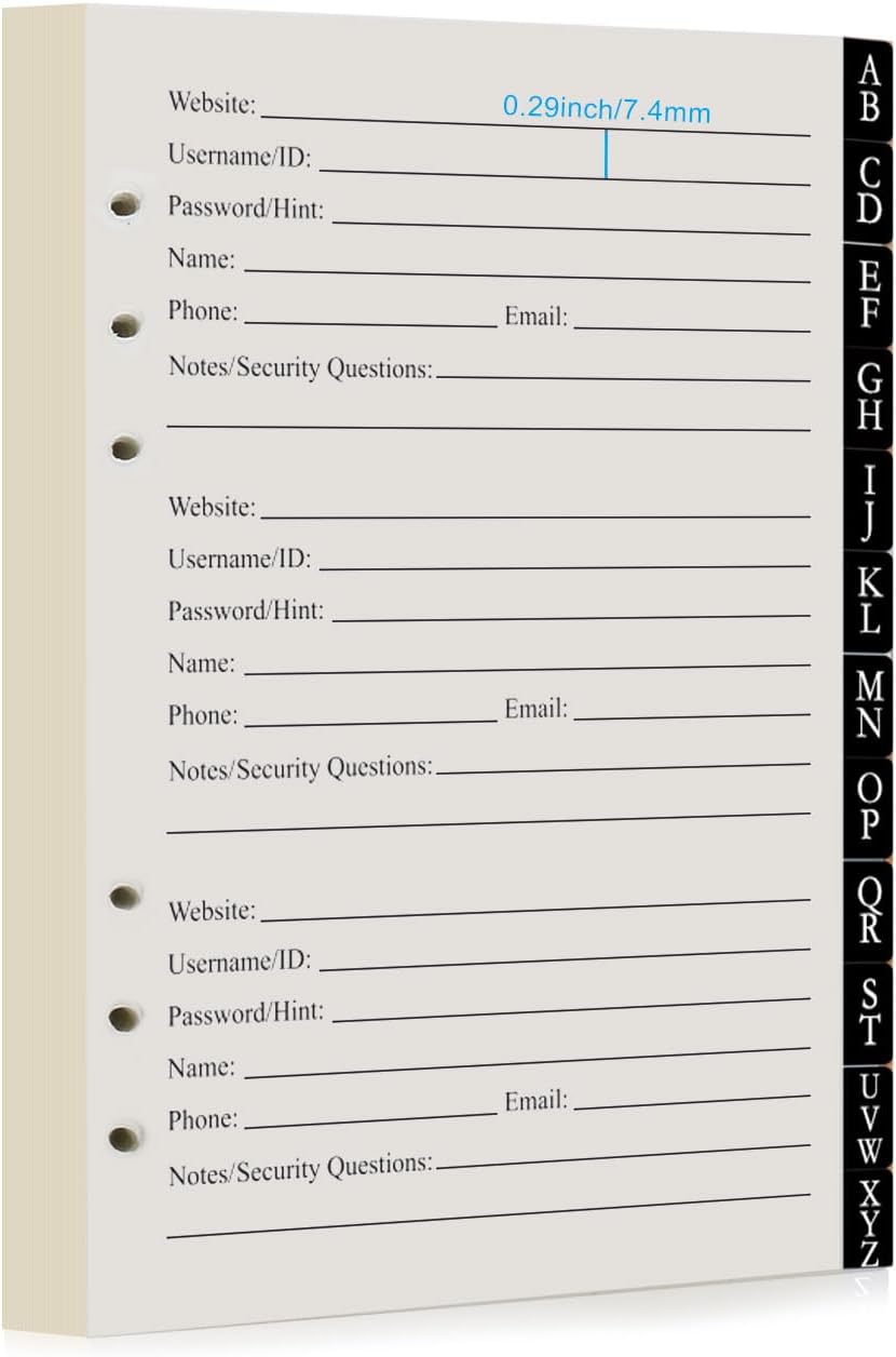 BTSFTOGET Password Book Refill Pages 212 Replacement Pages Internet Log Book, 8.2x5.6in, Large Print 576 Entries Durable Divider with Alphabetical Tabs, For Men Women Seniors Home Office Use