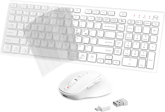 FENIFOX Wireless Keyboard Mouse Combo, Ergonomic Rechargeable Silent Quiet Slim Compact Full-Size USB C with Number Pad Flat Soft Cover for PC Computer Laptop Mac MacBook iMac TV Windows OS - White