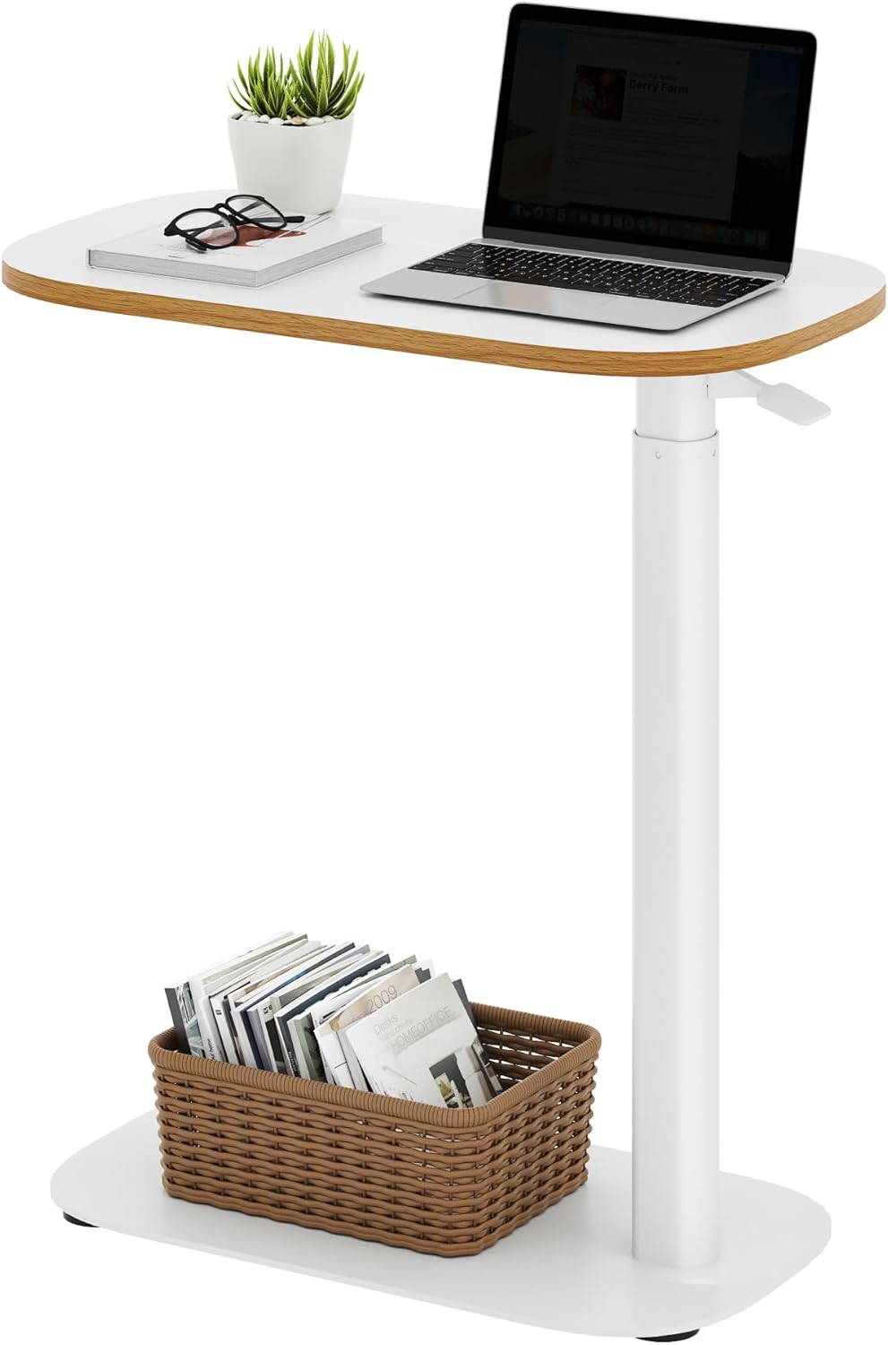 SANODESK Small Standing Desk Pneumatic Height Adjustable Small Sit Stand Desk Laptop Desk Overbed Table Computer Cart for Home Office Computer Workstations(23.6" W x 13.8" D,White+Maple Band)
