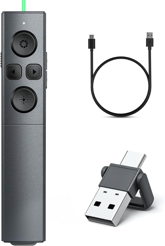 2 in 1 USB Type C Presentation Clicker with Green Light Pointer, Rechargeable Presentation Clicker Wireless Presenter Remote Clicker, 2.4GHz Clicker for Powerpoint Presentations, Google Slide Advancer