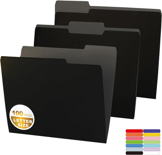 100 Packs Colored File Folders,Black File Folders,Two Tone Color File Folder 8.5 x 11 Inch,1/3 Cut Tabs Letter Size,Manila File Folders for Office,School and Home,Organization