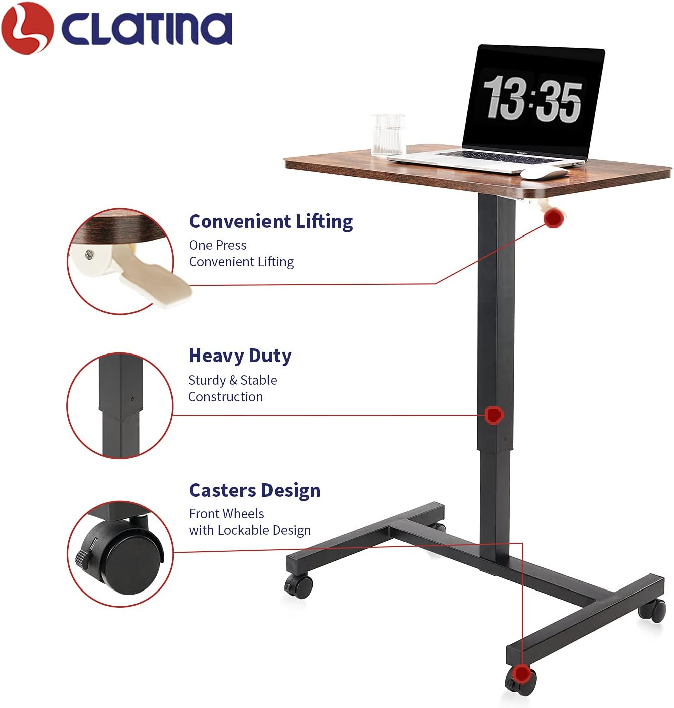 CLATINA Mobile Laptop Desk Pneumatic Sit to Stand Table Height Adjustable Rolling Cart with Lockable Wheels for Home Office Computer Workstation 28" x 19" Brown Round Edge Design Elegant