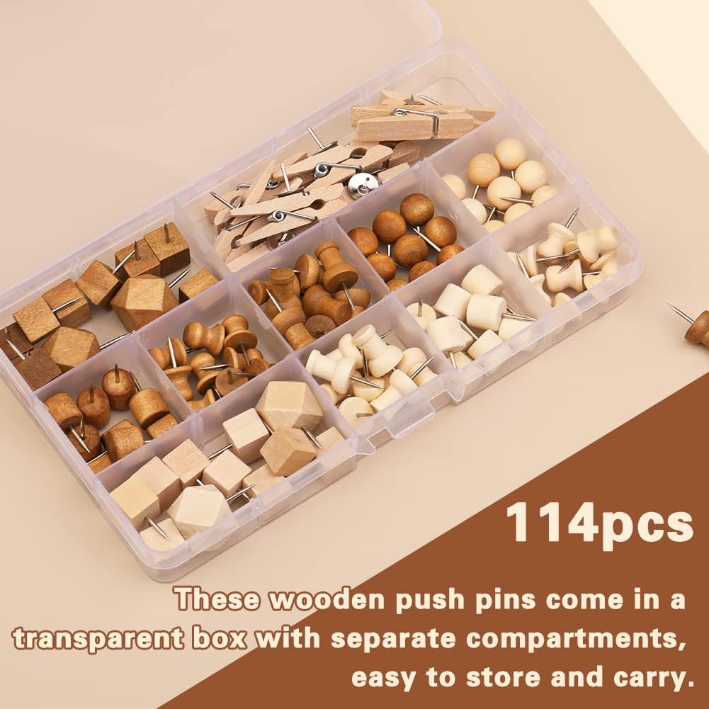 114 Pcs Wood Push Pins, 2 Colors and 7 Types Decorative Thumb Tacks Wooden Head Pin Map Tacks Marking Pin, Wood Thumb Tacks Decorative for Bulletin Boards Craft Projects with Storage Box