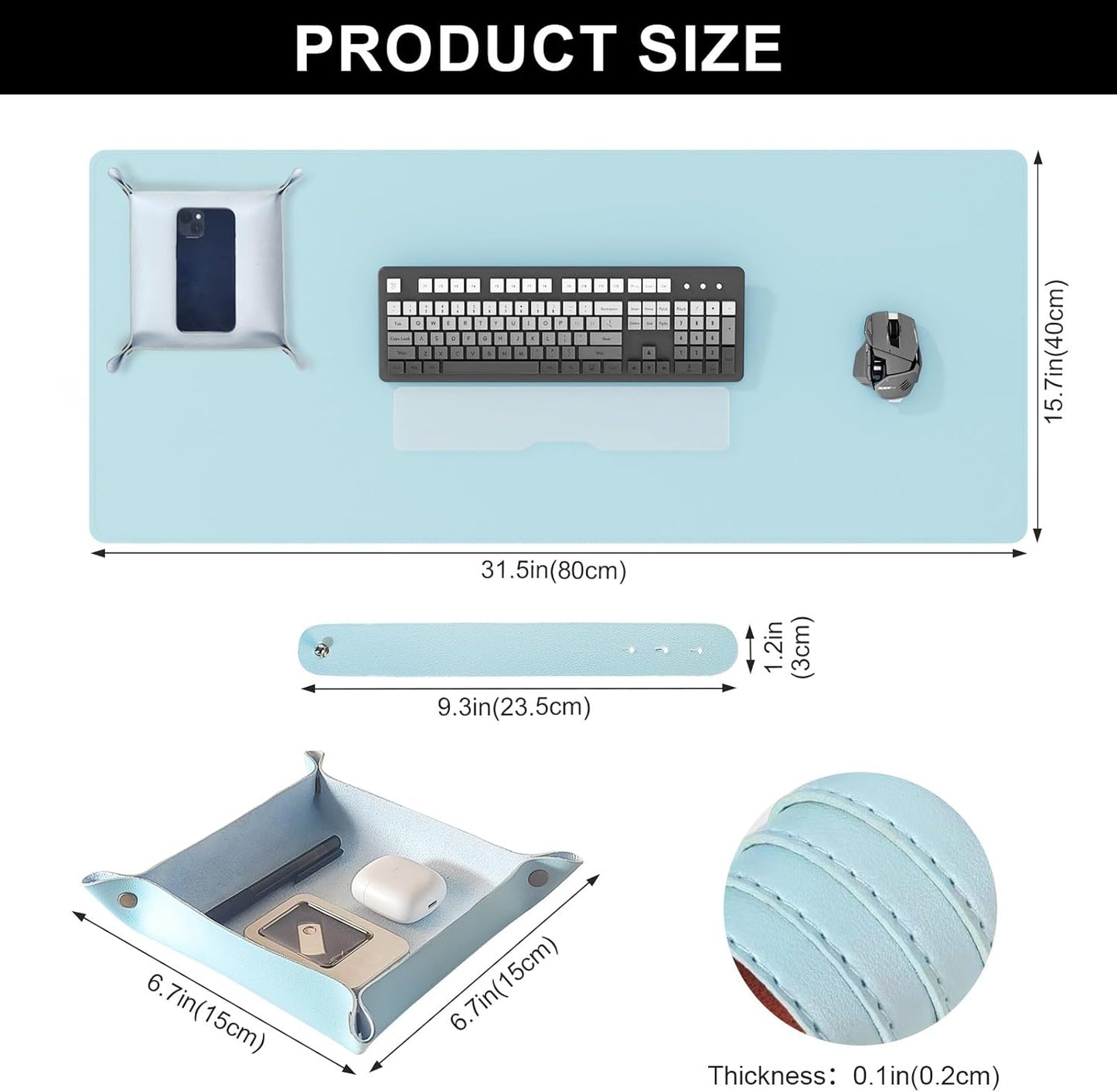 DAWNTREES Dual Sided Desk Mat,Leather Desk Pad,Cork Desk Mat Protector,with PU Leather Valet Tray Organizer,Large Mouse Pad,Desk Writing Pad for Office and Home(Light Blue 31.5"x15.8")