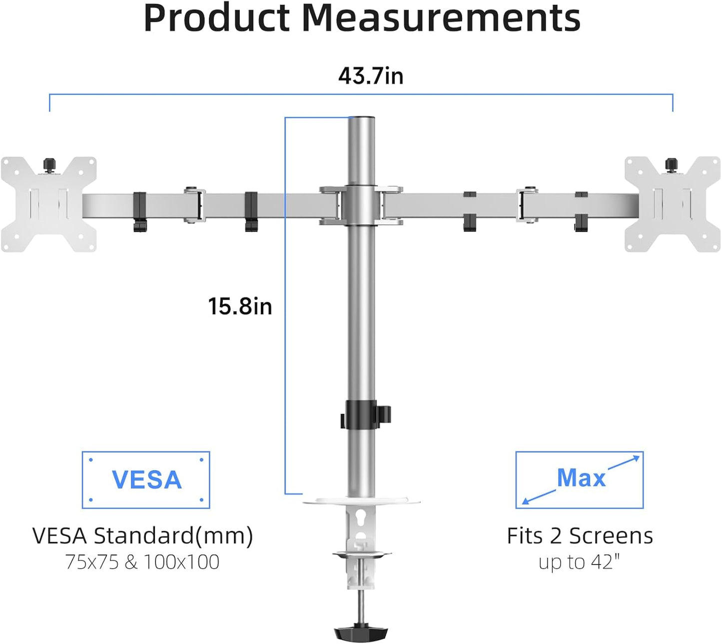 Suptek Dual Monitor Desk Mount, Adjustable Dual Monitor Arm for 2 Monitor Screens up to 42 inch, Extra Tall 15.75" Pole Monitor Stand for Desk, Holds up to 22 lbs,Silver(MD9442LS)
