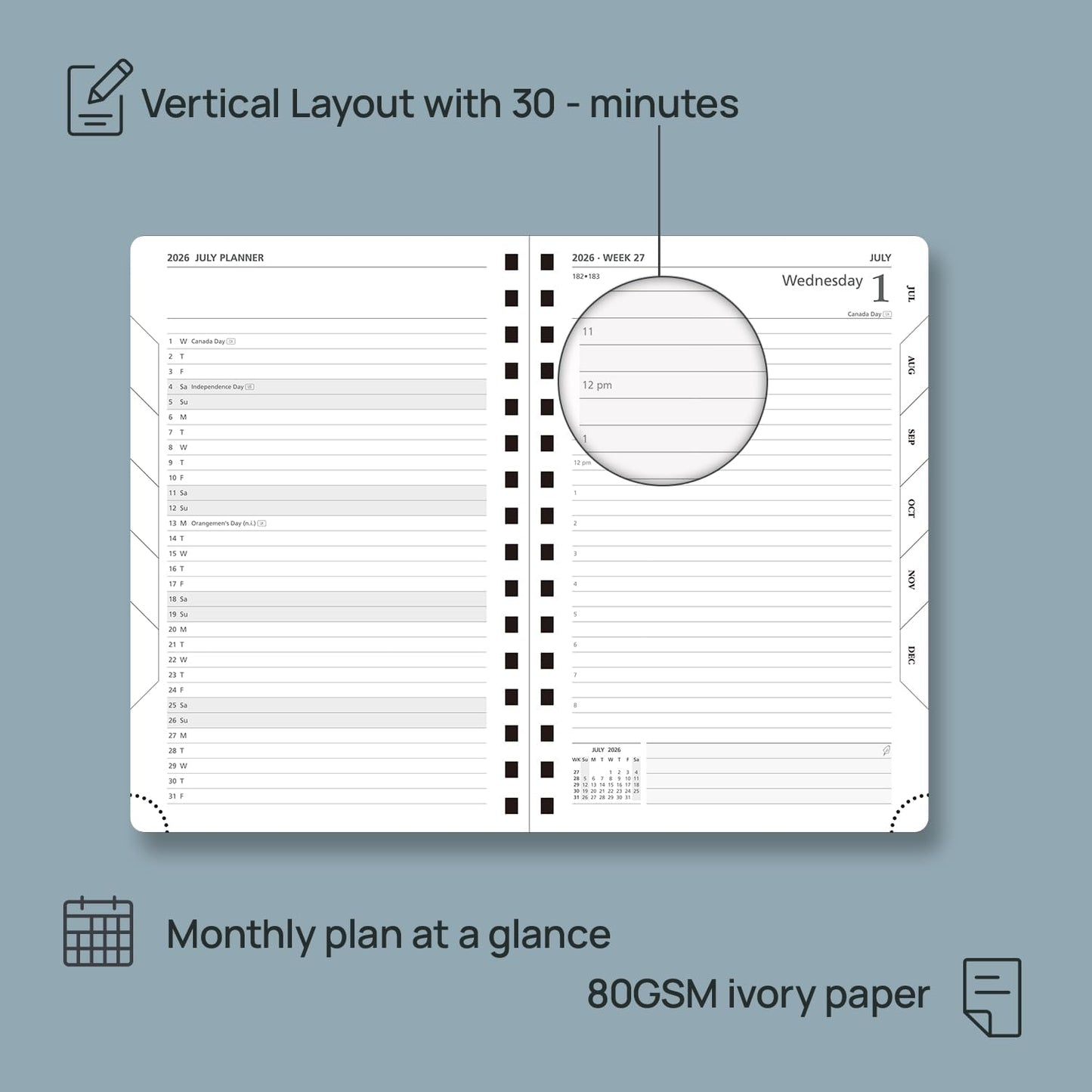 POPRUN 2026 Daily Planner One Page A Day - [8.5" x 5.75" Wire-Bound Hard Cover] Agenda 2026 Hourly Appointment Book with Monthly Calendar, Inner Pocket, Ivory Paper - Orange