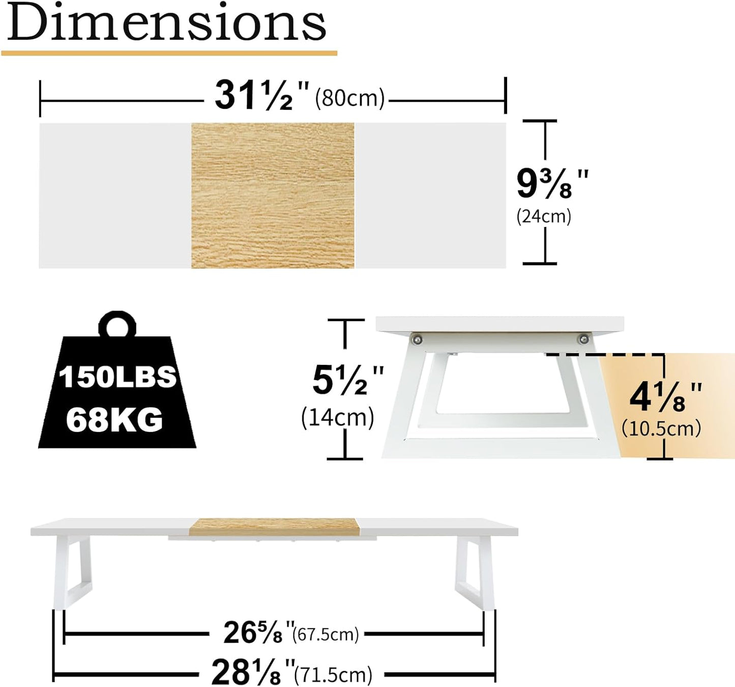 TEAMIX Dual Monitor Riser with Metal Leg, 31.5 inch Long Monitor Stand Riser Wide TV Stand Riser White Monitor Stand for 2 Monitors Wood & Steel Desktop Riser for Home Office Desk Organization