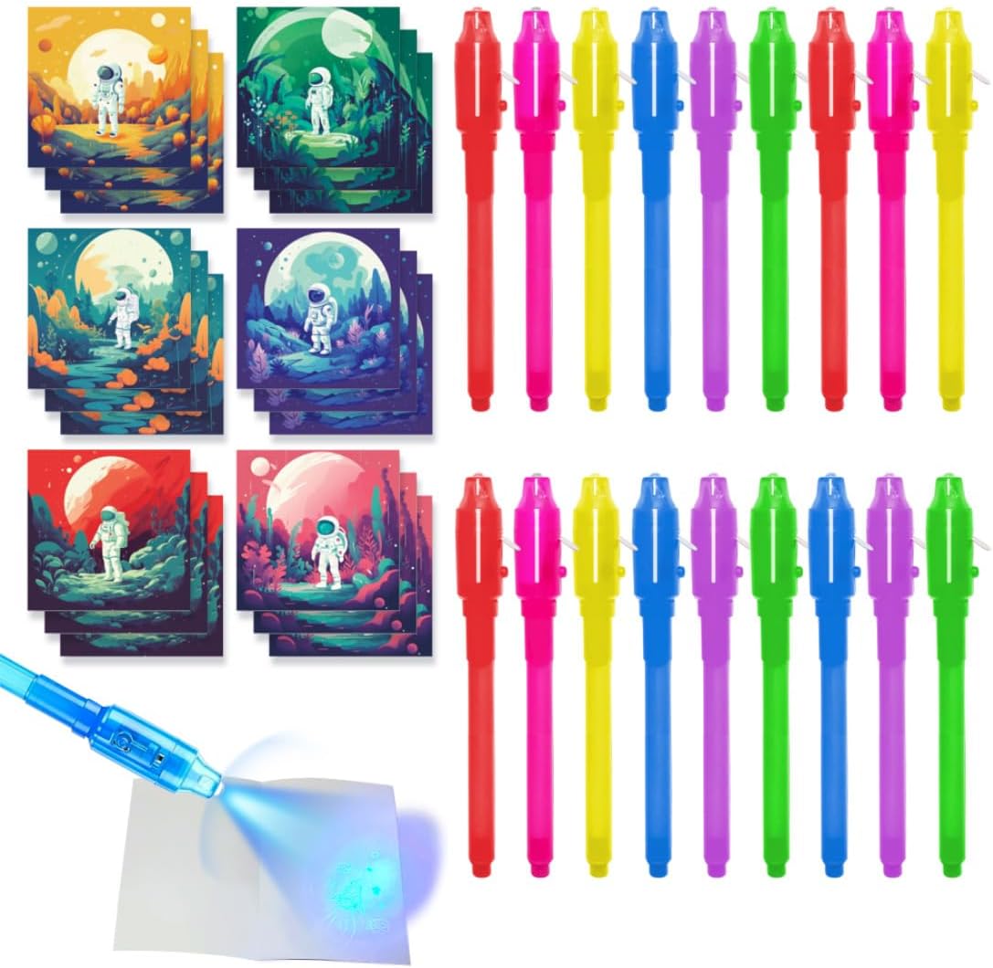 Invisible Ink Pens with UV Light for Kids, Spy Party Favors for Kids 8-12, 18 Pack Ink Pen and Notebook, UV Pen for Secret Message Escape Room Birthday Party Favors for 4-8