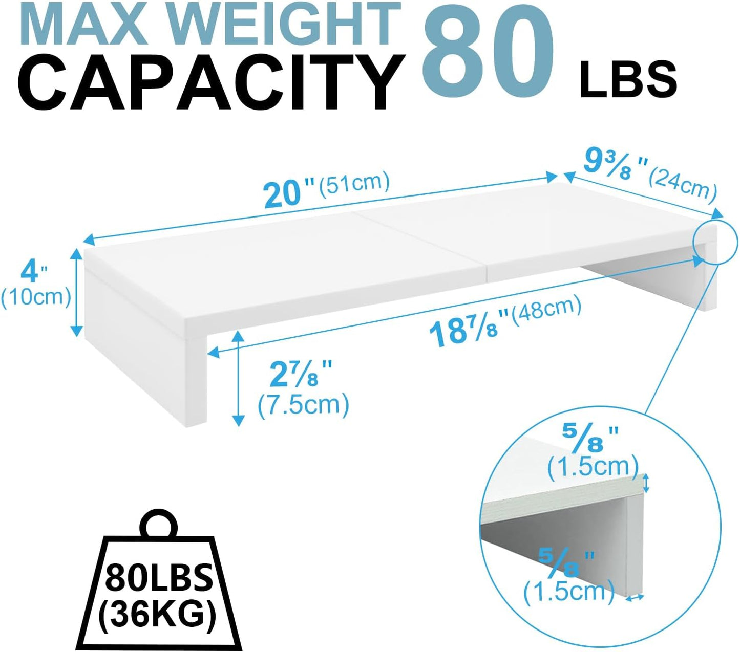 TEAMIX 2 Pack White Monitor Stand Riser - 20 inch, Wooden Desktop Stand for PC/TV/Laptop/Printer, Monitor Riser with Storage, Computer Stand with Keyboard Organizer
