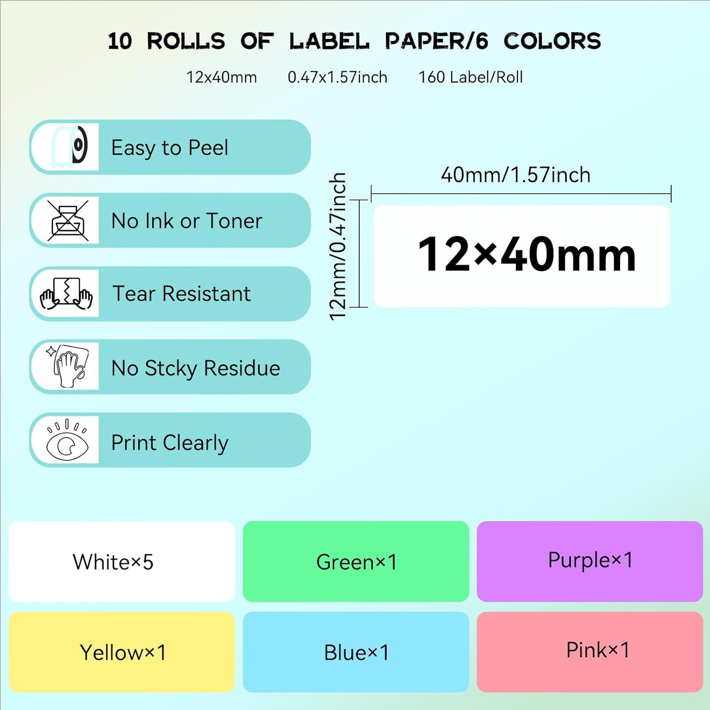 D30 P21 Label Maker Tape Refill 12mm×40mm(0.47"x1.57") Sticker, Laminated Thermal Label Tape Replacement, 1650 Labels/10Rolls, High Definition Labeling Tape for Home Office School Hotel